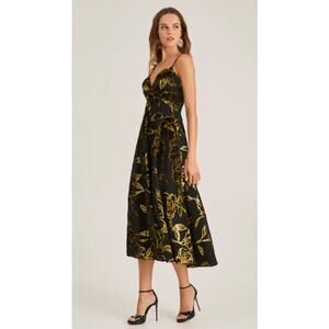 Helsi Edith Gold Black Floral Metallic Empire A-Line Maxi Dress Sz M NWT+Imperfe